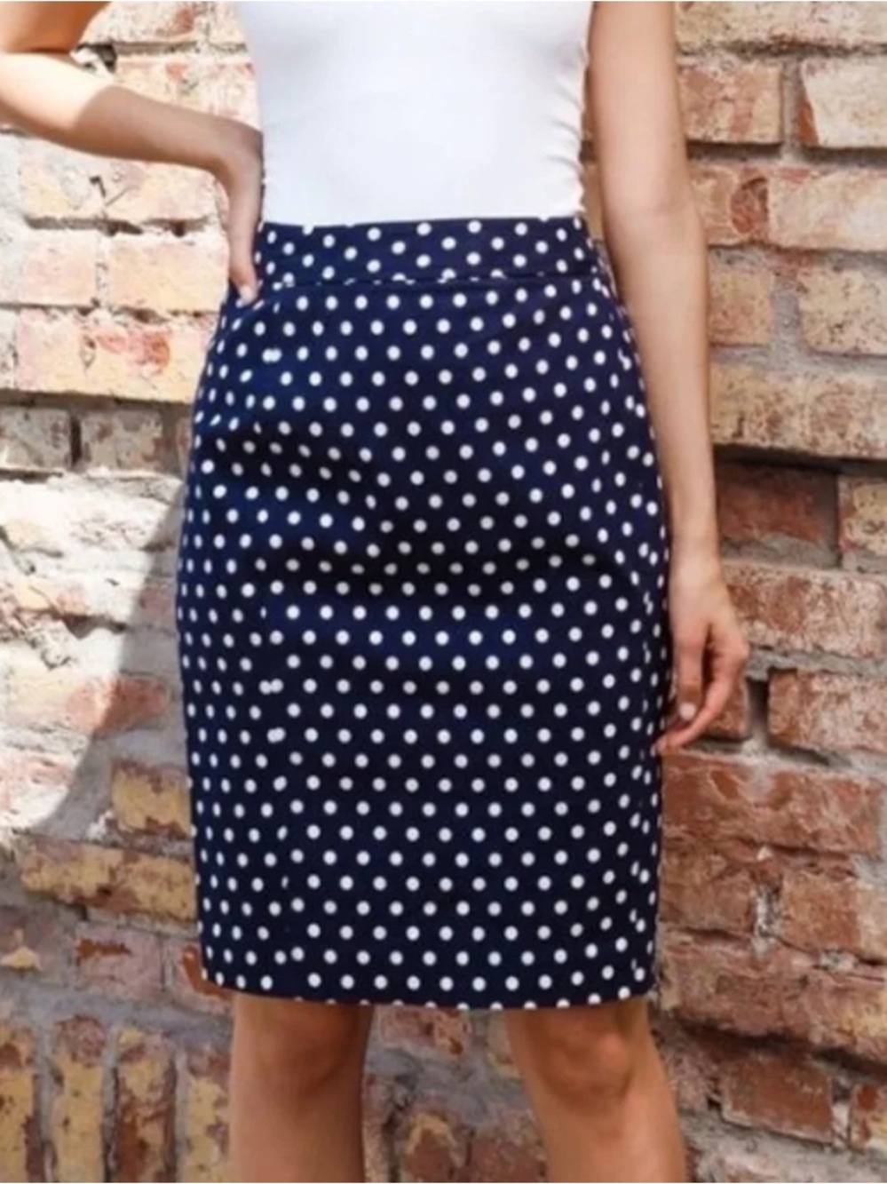 Pixley June Navy Blue White Polka Dot Pencil Skirt Sz S 100% Cotton Stitch Fix
